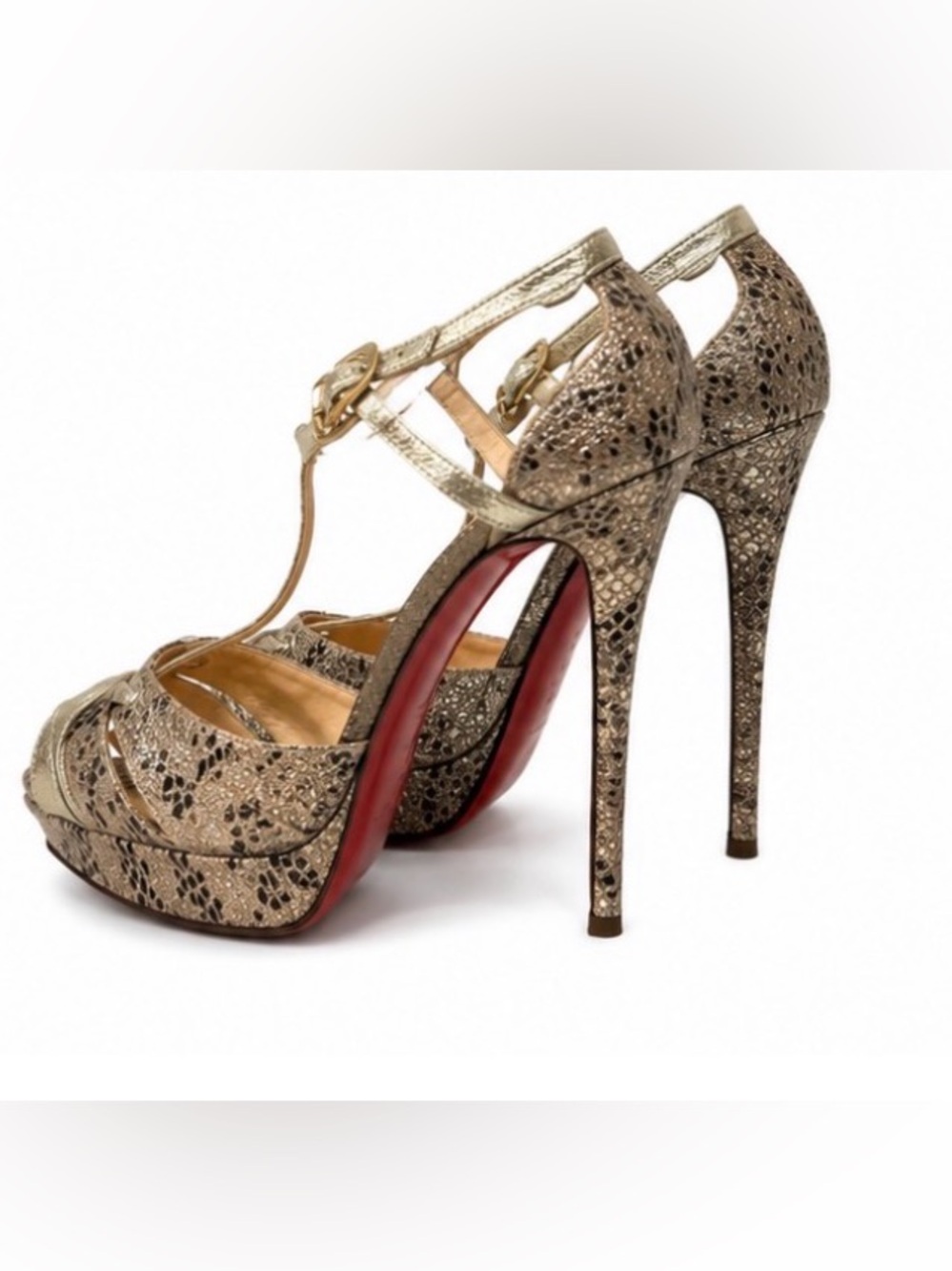 Christian Louboutin Metallic Gold Snakeskin T-Strap Peep-Toe Heels - Picture 2 of 3